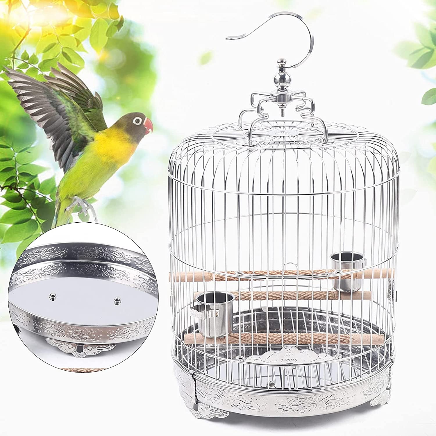 Miumaoev Large Stainless Steel Parakeet Bird Cage, 15.74 Inch Height Hanging Parrot Bird Cages with Stand for Cockatiels African Grey Quaker Parakeets Conures Pigeons Flight Perches Bird Cage