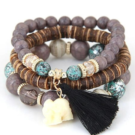 Boho Elephant Charm Wooden Beads Bracelet Set