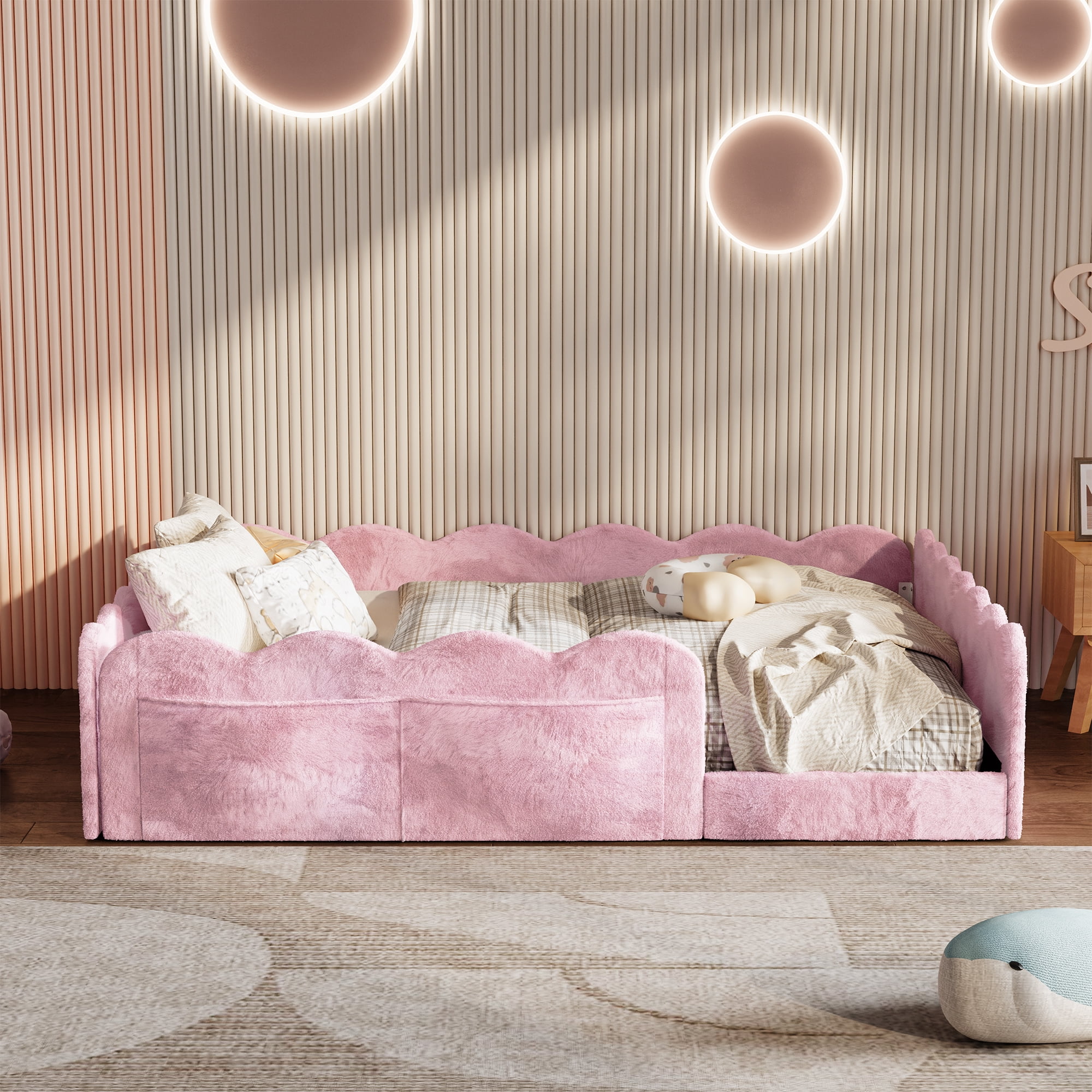 Howcool Montessori Upholstered Floor Bed with Soft Wave Guardrails,Full Size Rabbit Plush Toddler Bed with Storage Pockets,Pink