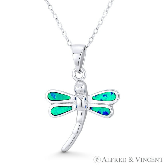 Dragonfly Insect Charm Created Opal 29x21mm (1.1x0.8in) Pendant & Chain Necklace in .925 Sterling Silver w/ Rhodium