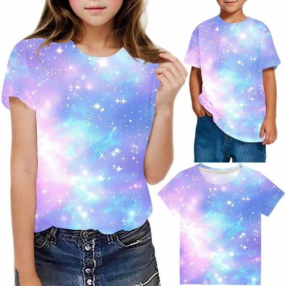 Frwgonr Girls T-Shirts Soft Space Tees Kids Boys Casual Tshirts Clothes Summer Tops Purple, Size 3-14 Years