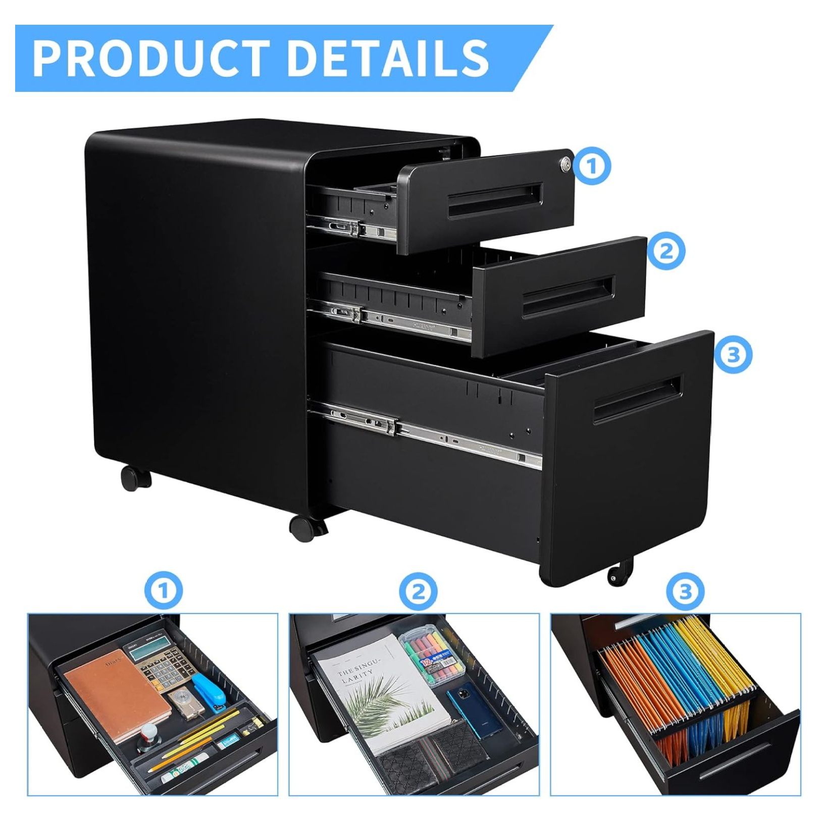 WDZS File Cabinet, 3 Drawer Filing Cabinets for Home Office with Lock Mobile Under Desk Fully Assembled Cabinet (Black)