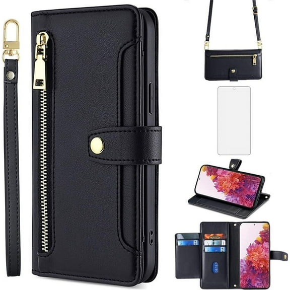 Phone Case for Samsung Galaxy S20 FE 5G 6.5 inch Wallet Cover and Screen Protector Flip Zipper Credit Card Holder Slot Stand S 20 EF UW S20FE5G S20FE 20S S2O Fan Edition 4G G5 Women Men Black