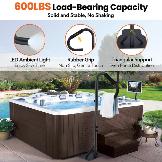 GloryStar Hot Tub Handrail with LED Light, 360° Rotatable Spa Side Handrail with 35"~57" Adjustable Height, Hot Tub Hand Rail with Slide-Under Base and Non-Slip Grip for Indoor & Outdoor