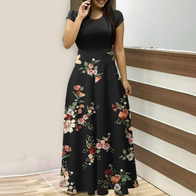 SMihono Robe Maxi Bohème d'Été pour Femmes Grande Taille Robe d'Été Colorée à Imprimé Floral pour Femmes Robes à Manches Courtes Robe Maxi Décontractée de Plage Robe Évasée de Plage