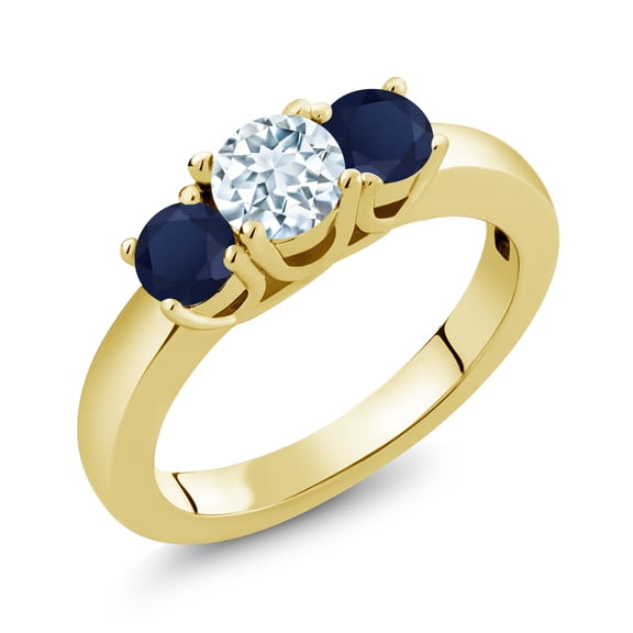 Gem Stone King 1.20 Ct Round Sky Blue Aquamarine Blue Sapphire 18K Yellow Gold Plated Silver Classic 3-Stone Ring for Women (Size 6)
