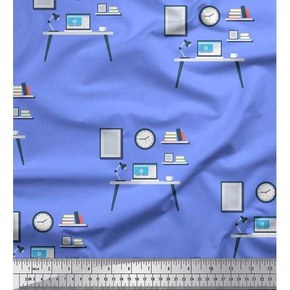 Soimoi Blue polyester Crepe Fabric Monitor,Books & Study Table Education Theme Printed Fabric 1 Yard 42 Inch Wide