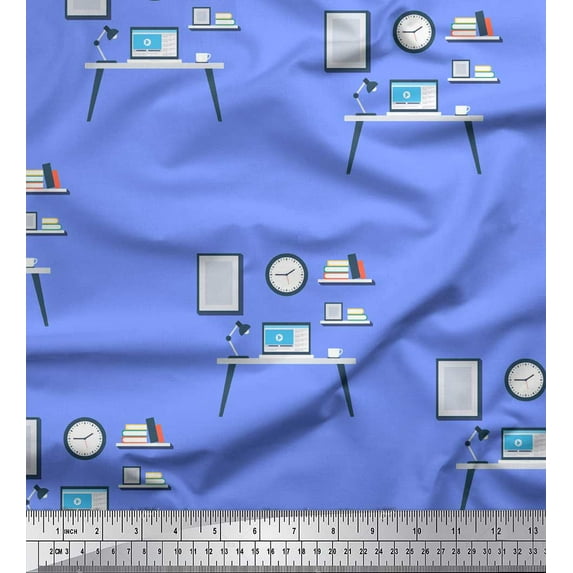 Soimoi Blue Cotton Voile Fabric Monitor,Books & Study Table Education Theme Decor Fabric Printed Yard 42 Inch Wide
