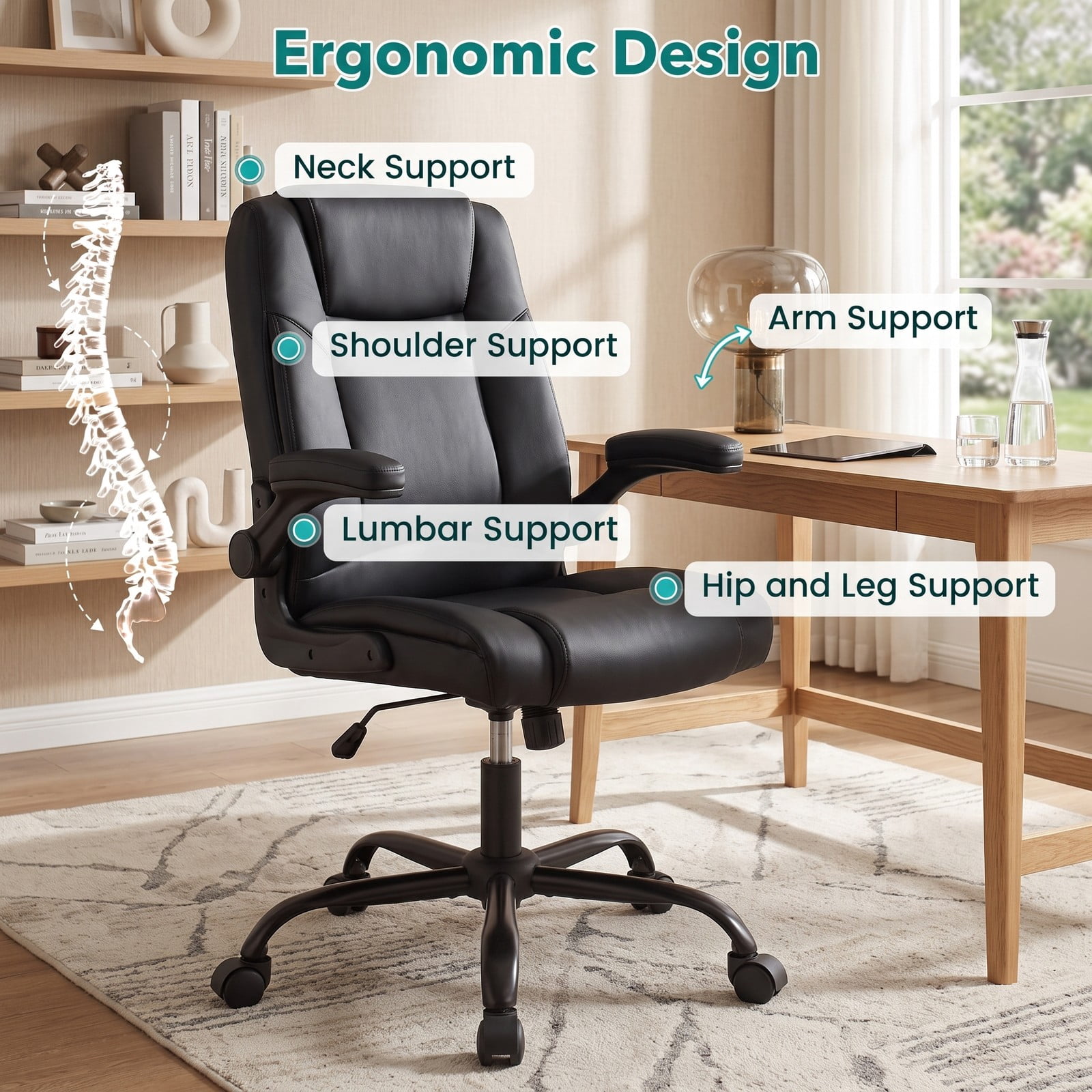 Furnibear Ergonomic Leather Office Chair, High Back PU Leather Executive Desk Chair with Flip-up Armrests, Rocking Function, Adjustable Height and Swivel for, Black