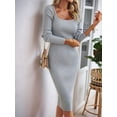 thumbnail image 3 of Women 2025 Summer Ribbed Short Sleeve Bodycon Maxi Dress Side Slit Knit Square Neck Long Sundress Grey L, 3 of 7
