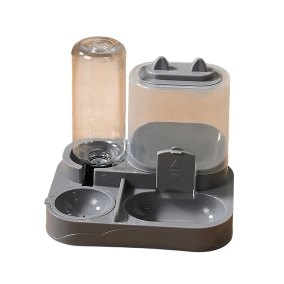 Double Bowl Automatic Pet Feeder, Gravity Water Dispenser for Dogs and Cats, Dual Compartment Stainless Steel Food Bowl with Non-Slip Base, Gray