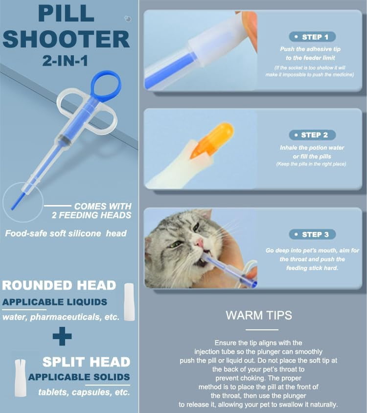 Cat Pill Shooter 5-in-1 Kit, Pet Cutter and Crusher for Cats Dogs, Dog Tablet Soft Tip Syringe Medical Feeding Liquid Dispenser Tool with Plastic Measuring Cup 100ml