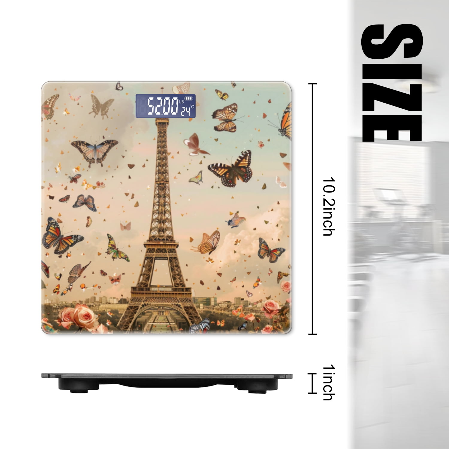 High Precision Body Weight Scale Smart Bathroom Scales with Large LCD Display(400lbs),Decorative for Bedroom-Eiffel Towere With Butterflies And Roses
