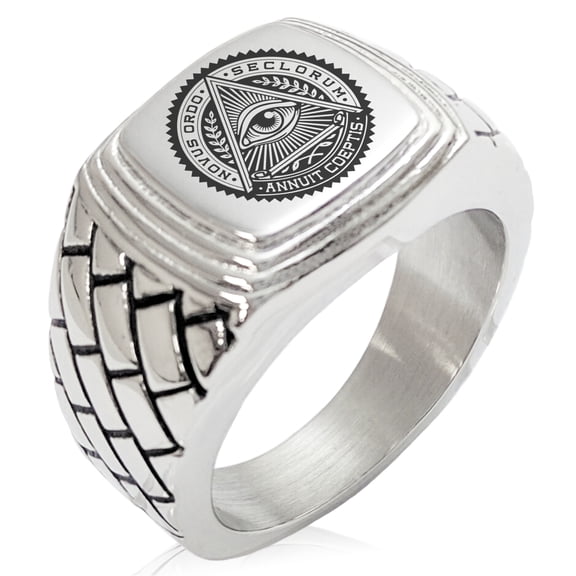 Stainless Steel All Seeing Eye Novus Ordo Seclorum Geometric Pattern Step-Down Biker Style Polished Ring