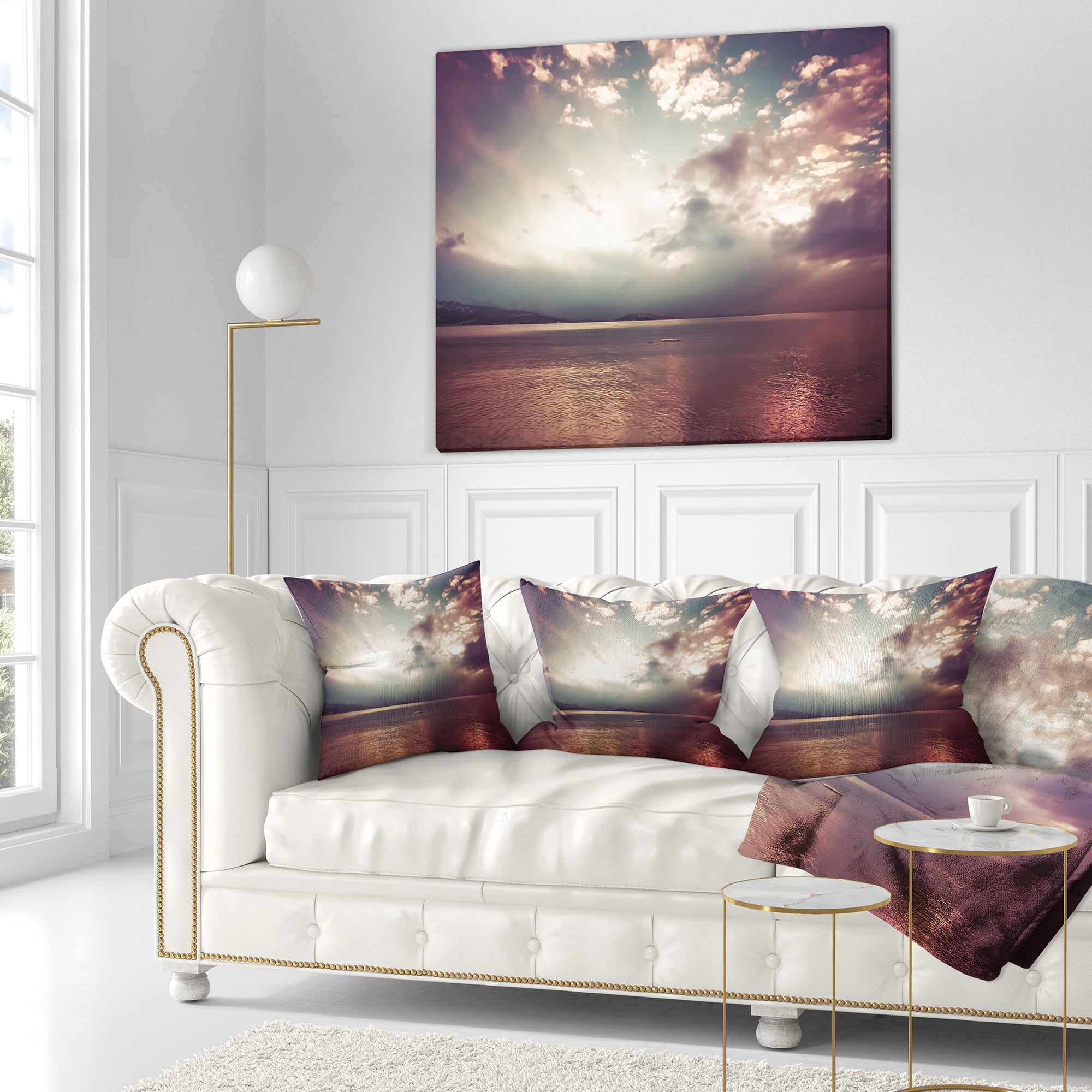 Designart Dark Sunset with Dramatic Sky - Seashore Throw Pillow - 16x16