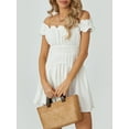 thumbnail image 4 of SUNSIOM Women Summer Short Dress, Solid Color Ruched Bust Boat Neck Off Shoulder Puff Sleeve A-Line One Piece for Ladies, 4 of 8