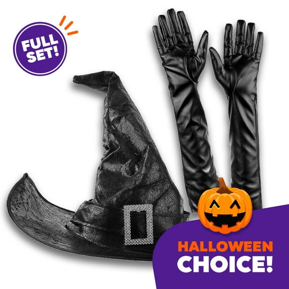 Jeexi Halloween Witch Hat & Gloves Set, Wizard Men Women Black Costume Cap, Cosplay Party Girl Wide Brim Pointed Hat Masquerade Accessory