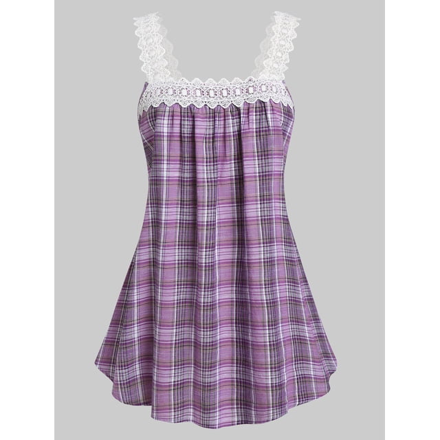 Tank Top de Talla Extra con Escote Pico de Encaje Insertado con Estampado de Cuadros Rosegal Camisetas sin mangas de talla grande