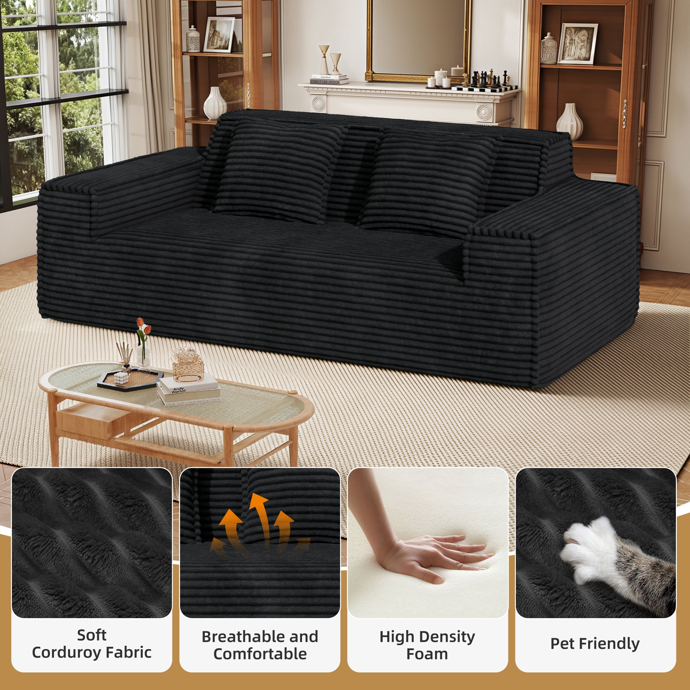 Hawsaiy 75" Corduroy Loveseat Sofa for Small Spaces, Wide Armrests, Removable Pillows, Vacuum-Packed Foam Couch, Black
