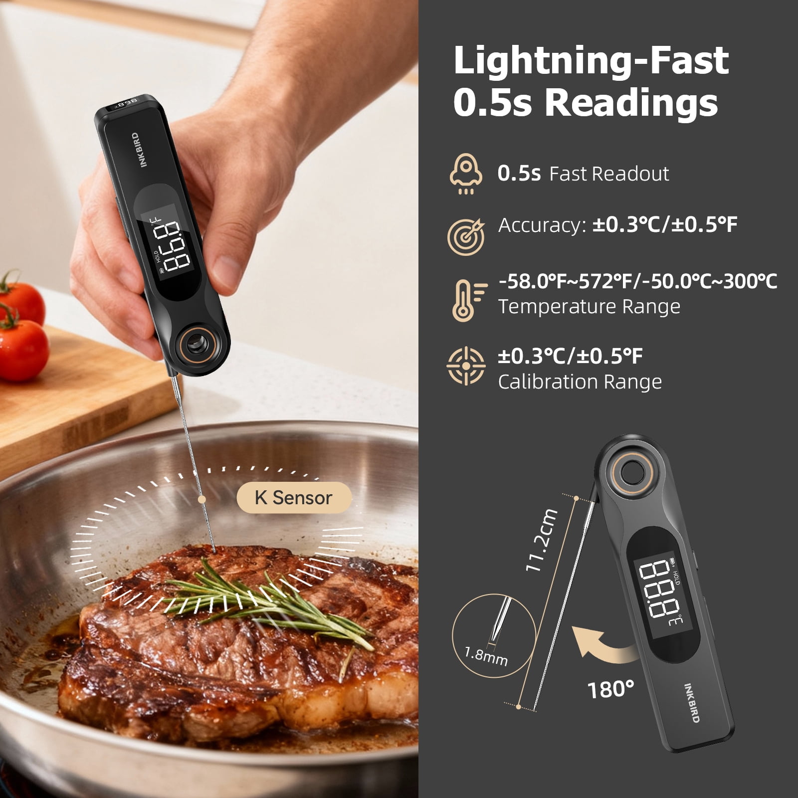 INKBIRD Dual-Screen Meat Thermometer, Instant Read Food Thermometer with 1.8mm Ultra Thin Probe, 0.5s Fast Response, IP65 Waterproof, Perfect for Kitchen Cooking, Grilling, Baking and BBQ