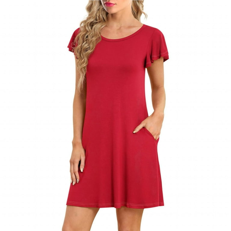 IDALL Summer Dresses,Petite Dresses Womens es Ruffle Short Sleeve Casual  Beach Tshirt Dress Round Neck Loose Swing Sundress With Pockets Elegant  Dresses,Modest Dresses,Womens Dresses Red Dress L - Walmart.com