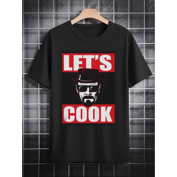 Men's Casual Graphic Tee - "LET's COOK" Print with Heisenberg Design, Black Crew Neck T-Shirt, Perfect Gift for Men, Summer Style Essential, Casual T Shirts