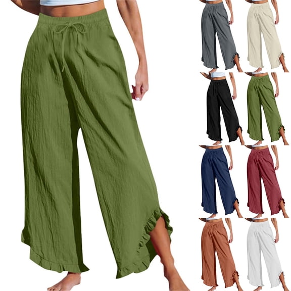 Women's Solid High Waist Elastic Ruffled Casual Long Pants, Soft Stretchy Side Slit Flowy Wide Leg Trousers, Comfy Daily Wear Work Beach | TruBelle,Beige L