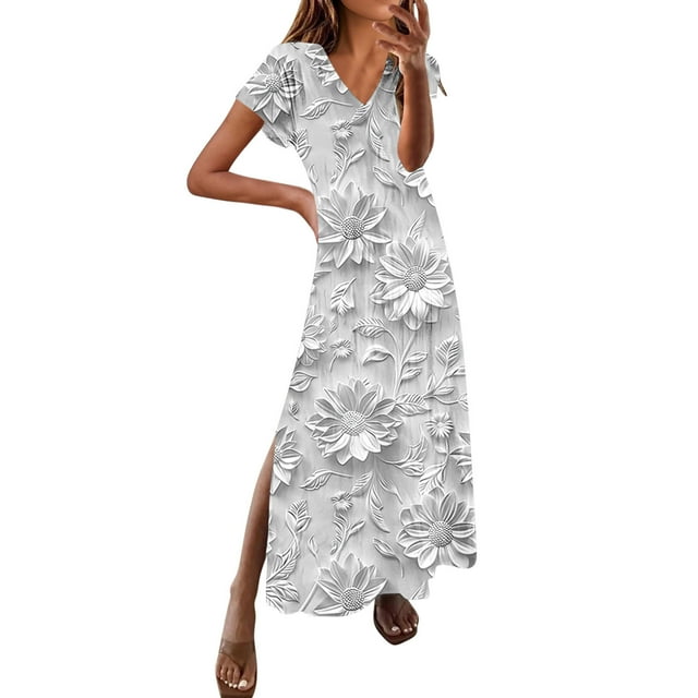 bbymog Robes pour Femmes Robes Maxi Fluides pour Femmes Été Col en V Robes de Plage Blanches Robe Fendue sur le Côté Robes de Vacances pour Femmes Blanches P