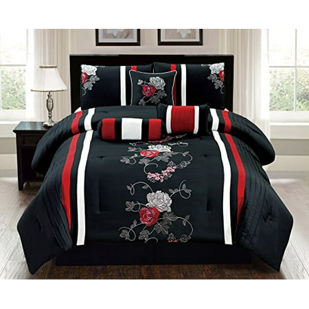 7 Pieces Complete Bedding Ensemble Black Red White Flower Print