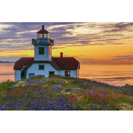 Washington, San Juan Islands. Patos Lighthouse and Camas at Sunset Print Wall Art By Don
