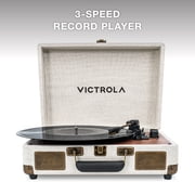 مشغل تسجيل حقيبة Victrola Venture Bluetooth المحمولة الحديثة في منتصف القرن مع قرص دوار ثلاثي السرعات ومكبرات صوت مدمجة | بلوط