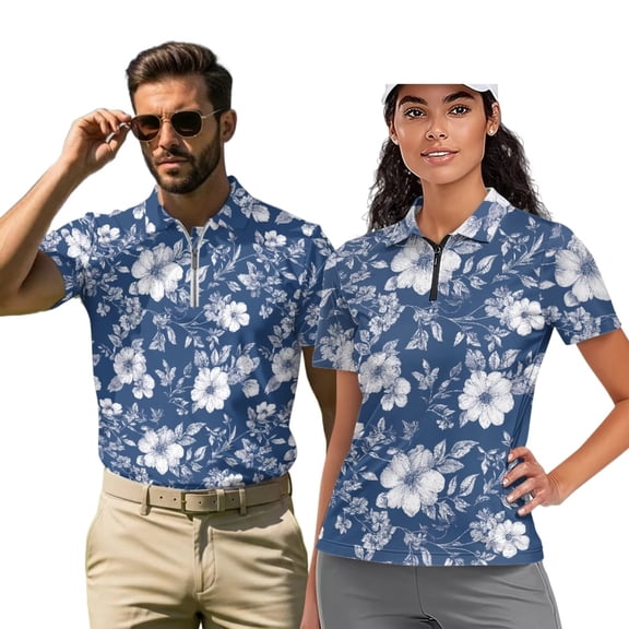 Binienty Classic Flower Matching Couple Golf Shirts Fashion Versatile Golf Shirts for Women and Men Zip Up Collar Workout Tops for Golf Running Sports Daily Wear