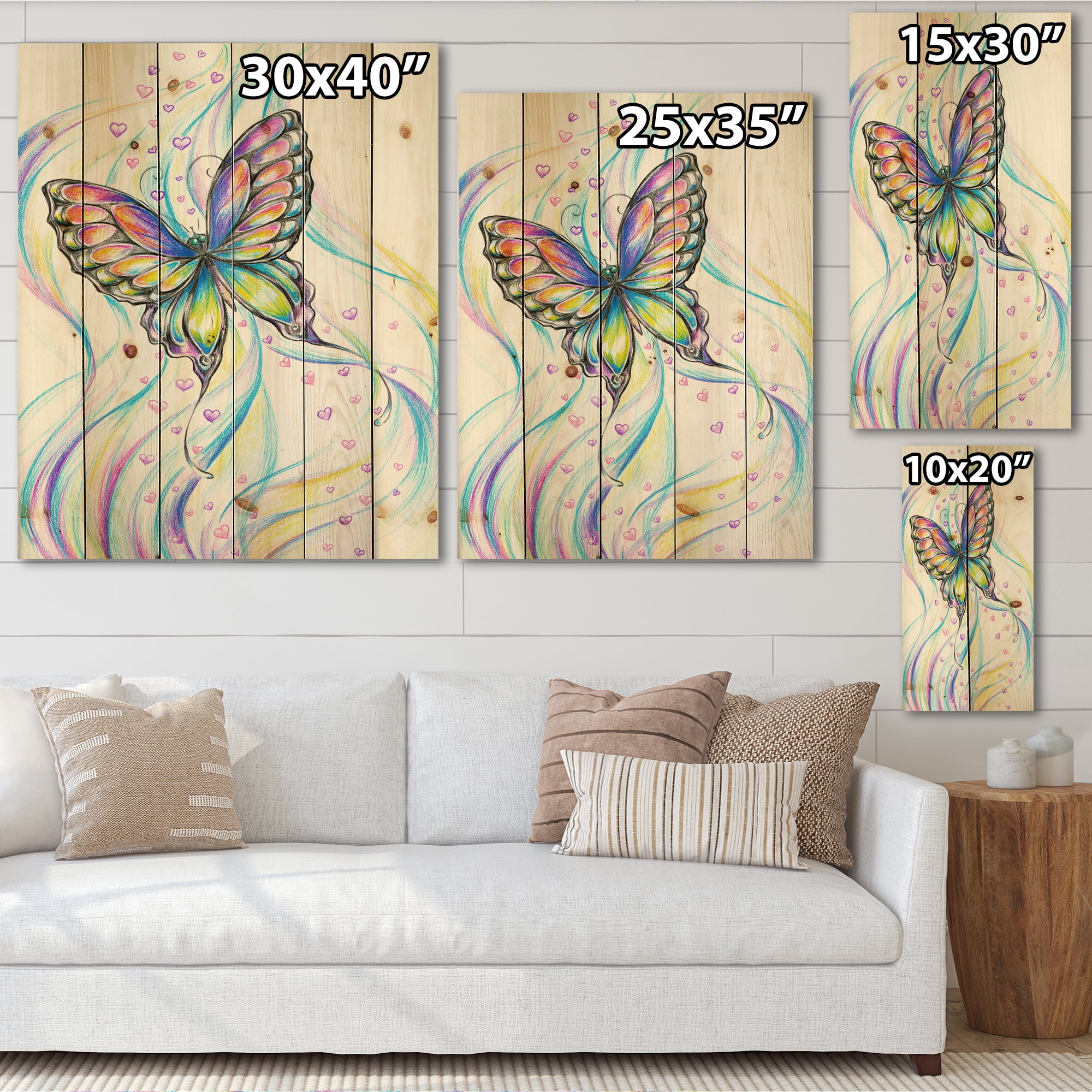 Designart 'Iridiscent Colorful Butterfly' Traditional Print on Natural Pine Wood