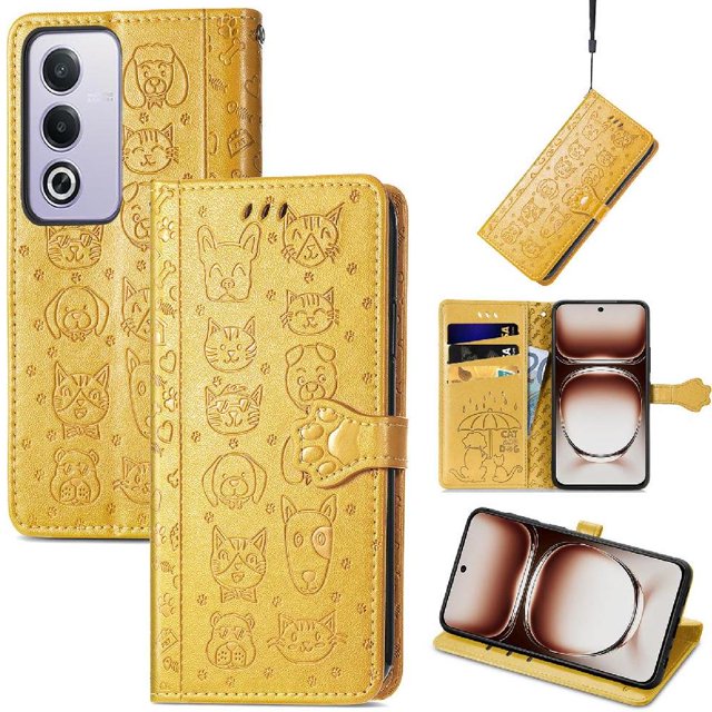 Funda Cartera FOXDOCK para OPPO A3 Pro , Flip PU con Relieve de Gatos y Perros, Tarjetero y Soporte