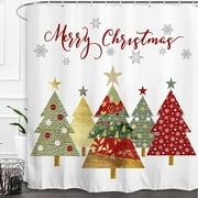 Newhomestyle Merry Christmas Shower Curtain Gold Boho Christmas Tree Pine Tree Snowy Scenery Waterproof Fabric Bathroom Winter Xmas Holiday Decor 72x 72 Inches