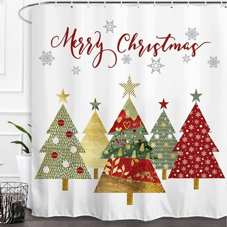 Newhomestyle Merry Christmas Shower Curtain Gold Boho Christmas Tree Pine Tree Snowy Scenery Waterproof Fabric Bathroom Winter Xmas Holiday Decor 72x 72 Inches
