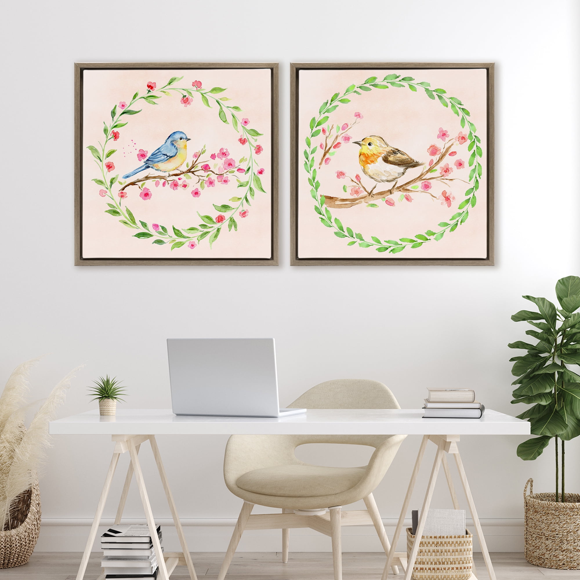 Spring Branches & Wreath Birds 2 Piece Brown Framed Floater Canvas Set, design by Elena Fay