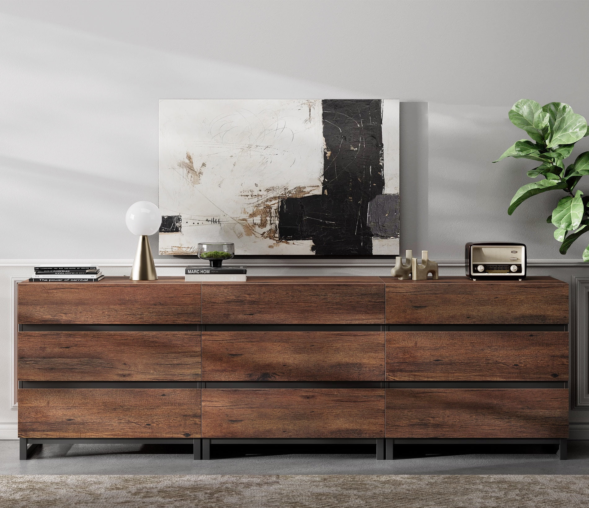 Modern Wood Dresser with 9 Drawers and Sturdy Metal Base, Multi-Functional Chest of Drawers Storage Organizer for Bedroom, Living Room, Hallway and Entryway, Brown