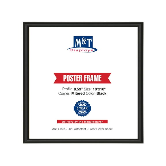 M&T Displays Snap Poster Frame 18x18 Inch Black 0.59" Aluminum Profile Front Loading Wall Mounting Picture Photo Document Certificate Sign Holder Mitered Corner Anti Glare Cover