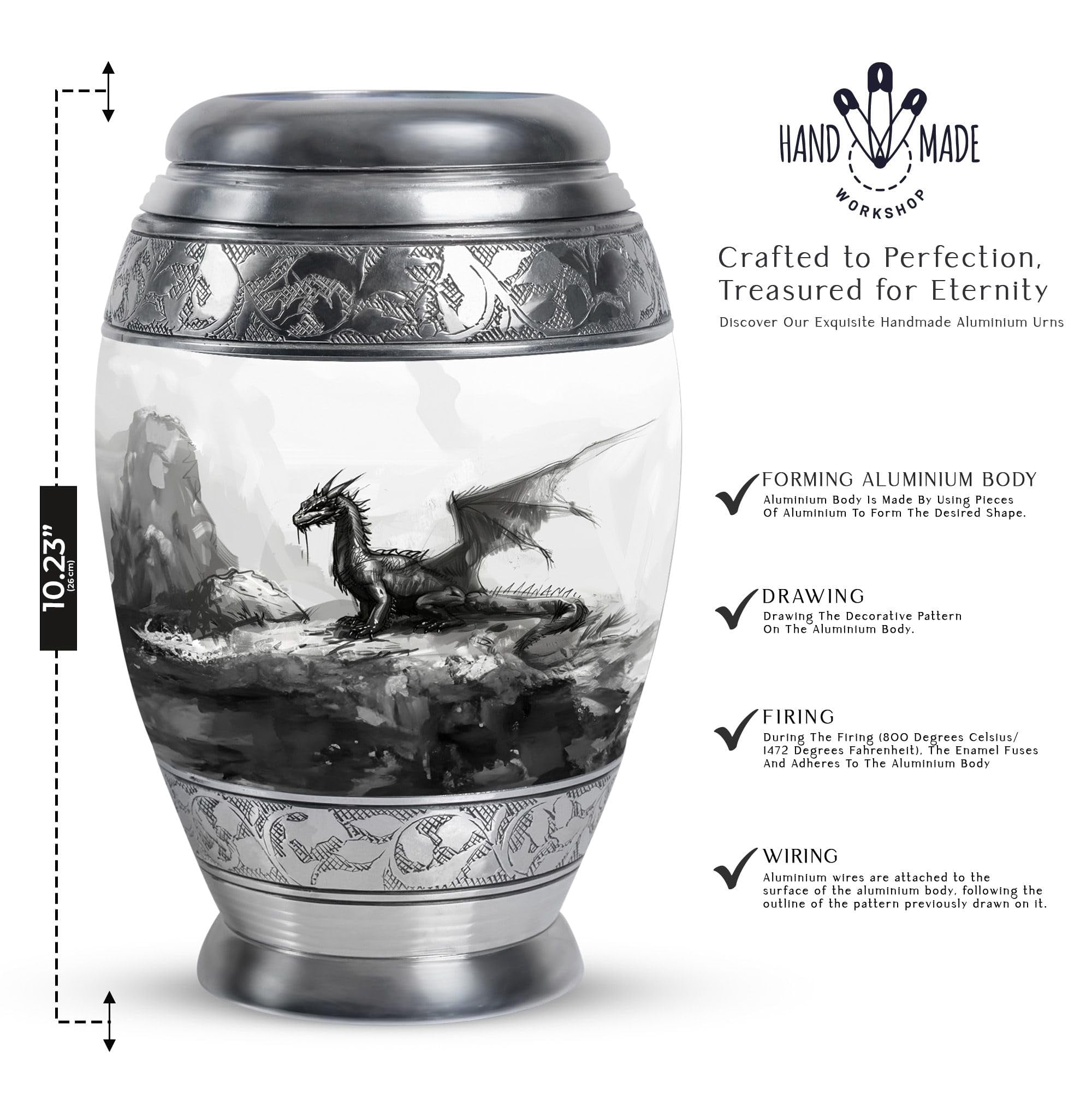 YATHABHISA Dragon Urn, Cremation Urn - Urns for Human Ashes Large - 10 Inch - Large with Velvet Bag - Funeral Cremation Urns for Ashes - Metal Urn - Human Remains Urns - Decorative Urns, Black