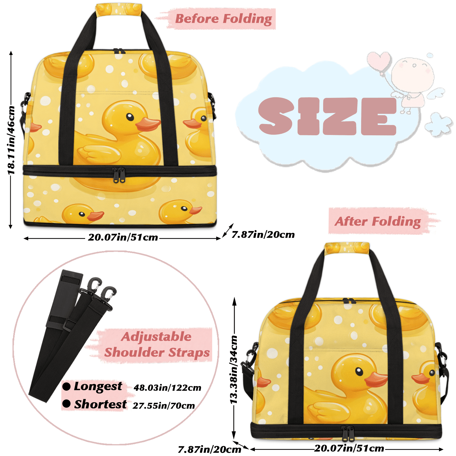 Herdesigns Yellow Duck Foldable Travel Duffel Bag for Women Men, Polka Dots Weekend Overnight Carry On Bags with Shoe Compartment