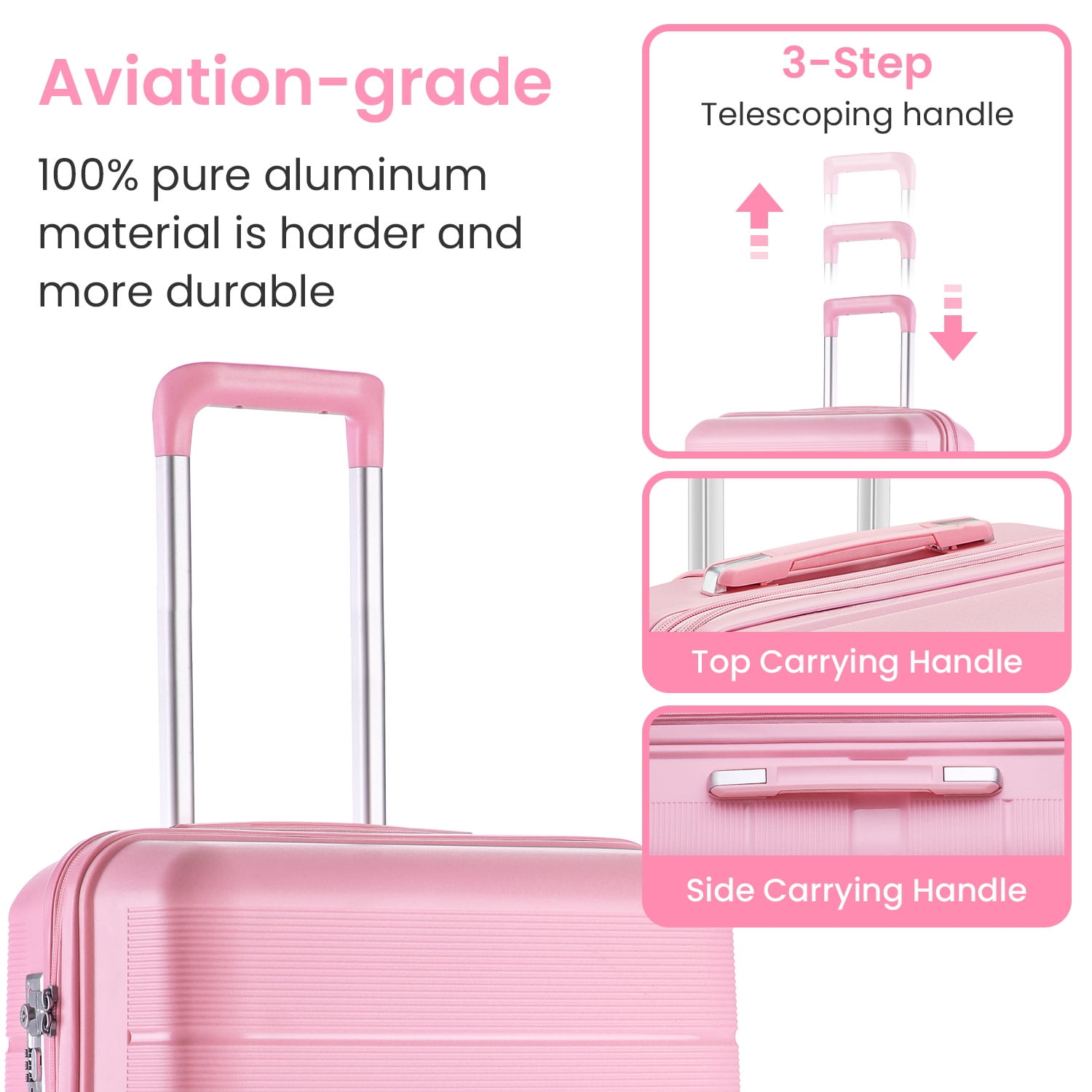 POWANLI 4 Piece Luggage Sets(14"20"24"28"）, PP Hardside Lightweight & Durable suitcase, Expandable, TSA Lock, Spinner Wheels, Airline Approved,(Pink)