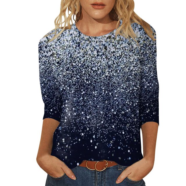 Hauts pour Femmes T-Shirts Manches 3/4 à Sequins Imprimés Col Rond pour Sortir Khaki G