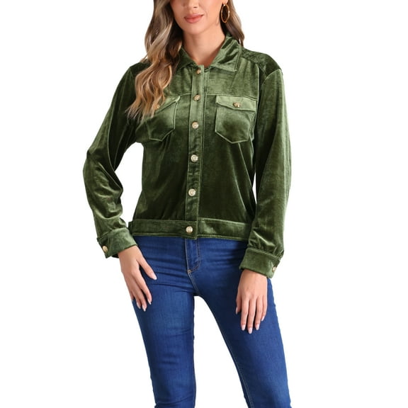 INSPIRE CHIC Women's Velvet Jacket Button Up Long Sleeve Crop Jackets M Army Green