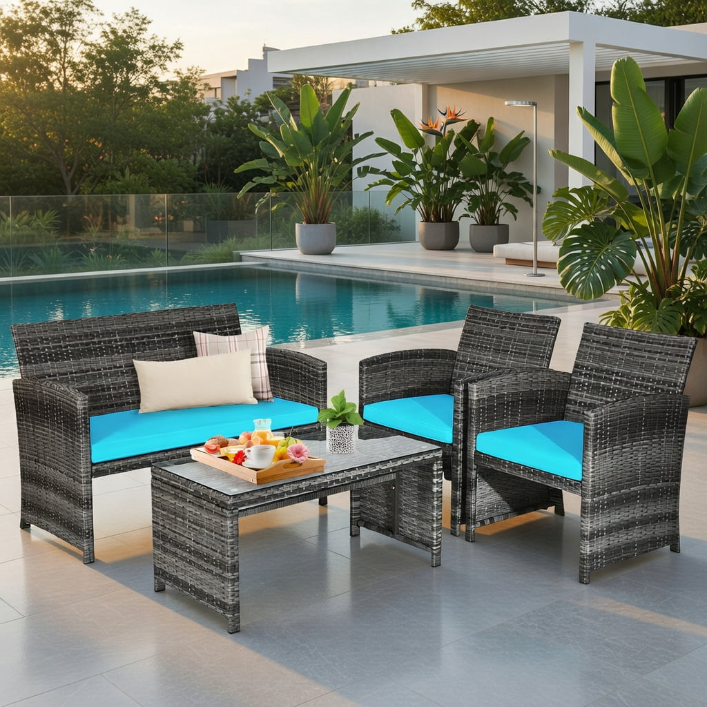 Hommoo 4-Piece Outdoor Rattan Patio Furniture Set with Removable Cushions, Turquoise