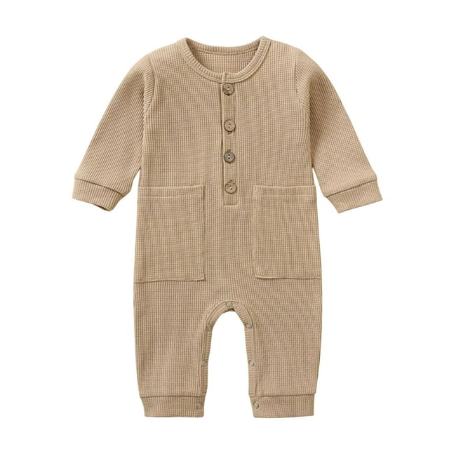 FAIWAD Baby Boy Girl Long Sleeve Button Romper Round Neck Solid Color Jumpsuit Spring Casual Romper