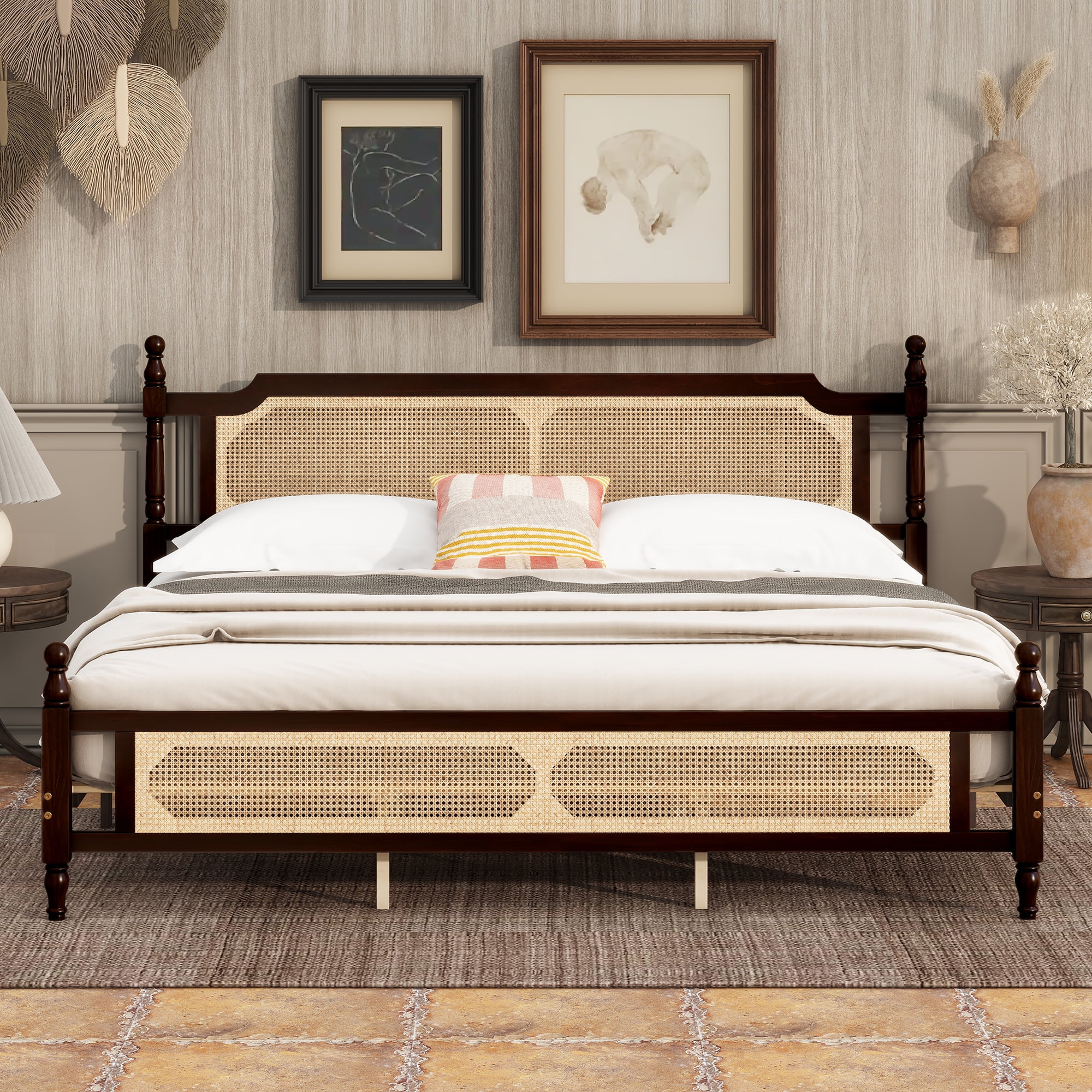 Sailvan King Pine wooden Bed with Rattan Headboard and Footboard, Central Enhanced Bed Platform