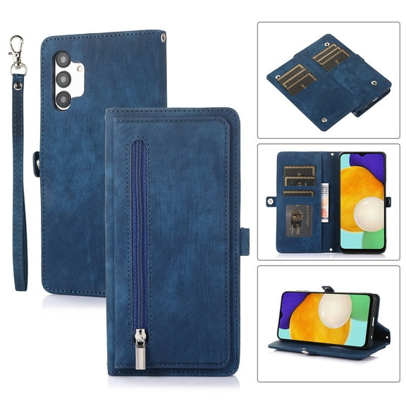 SaniMore Samsung Galaxy A14 5G Business Case (6.6" 2023), Zipper Wallet + Magnetic Clasp + Card Slots + Flip Kickstand + Wrist Strap [Shockproof Anti-fall] Full-body Protective Shell For A14 5G, Blue