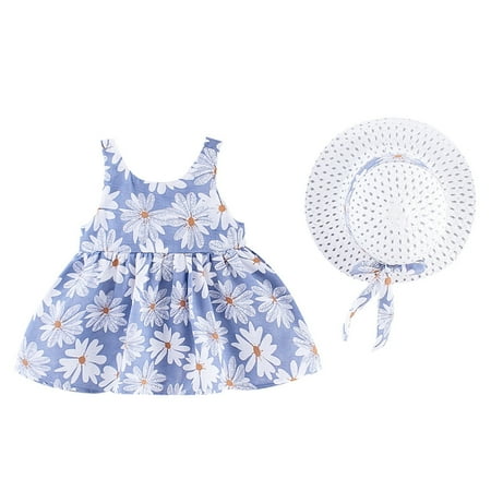 

EHTMSAK Newborn Infant Baby Summer Floral Sundress for Girls with Hat Bow Dress Sleeveless Dresses Blue 0-24M 90/10