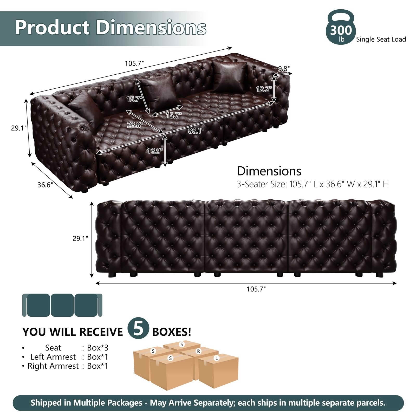 MAYEERTY 105.7 Inch Faux‑Leather 3‑Seat Modular Sofa, Handcrafted Button Tufted Couch with 3 Pillows, Multi‑Layout for Living Room & Small Apartment